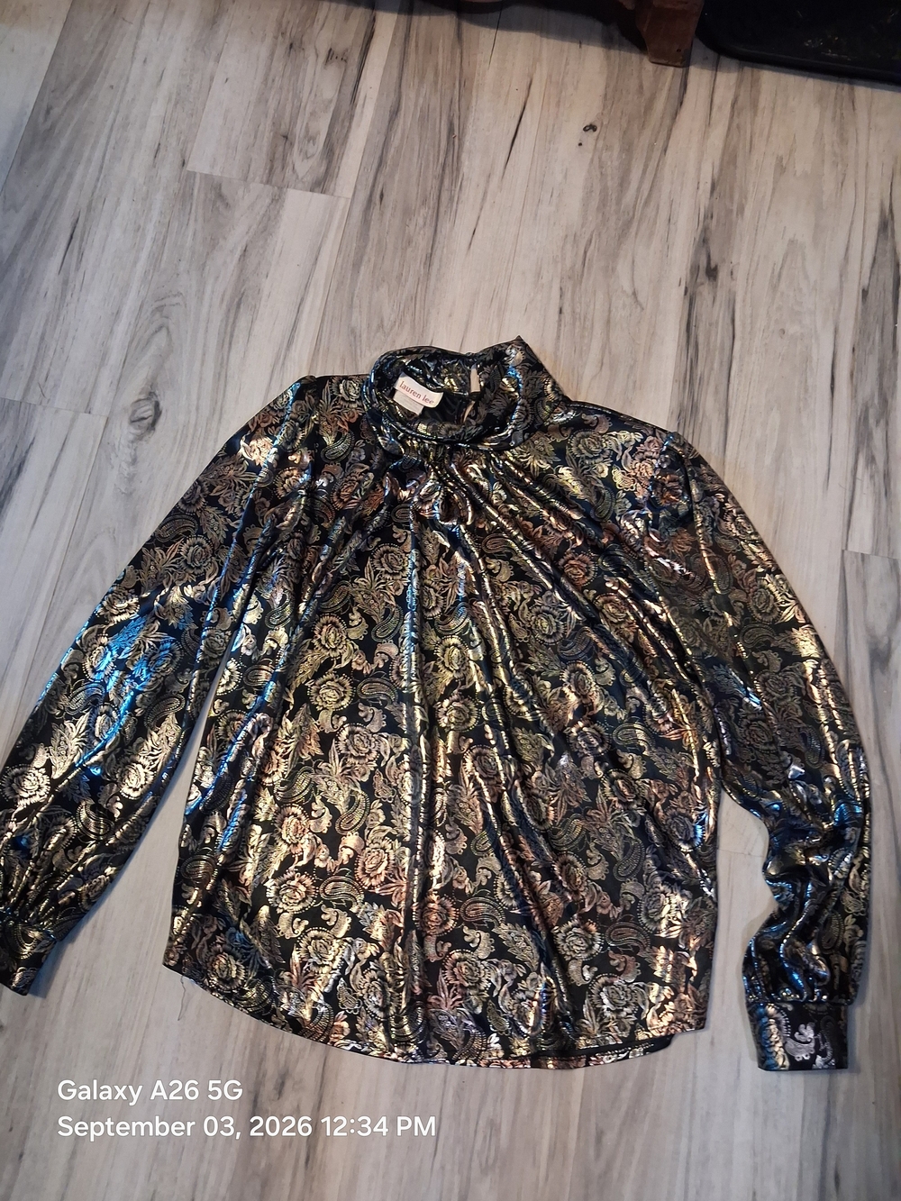 Vintage Womens Lauren Lee Metallic Floral Mock Neck Blouse  Black & Gold Sz L